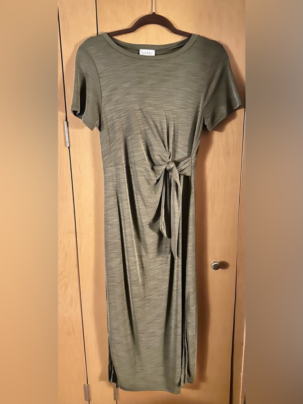 Nicole Miller Olive Green Midi Dress with Knot Detail and Side Slits Size S